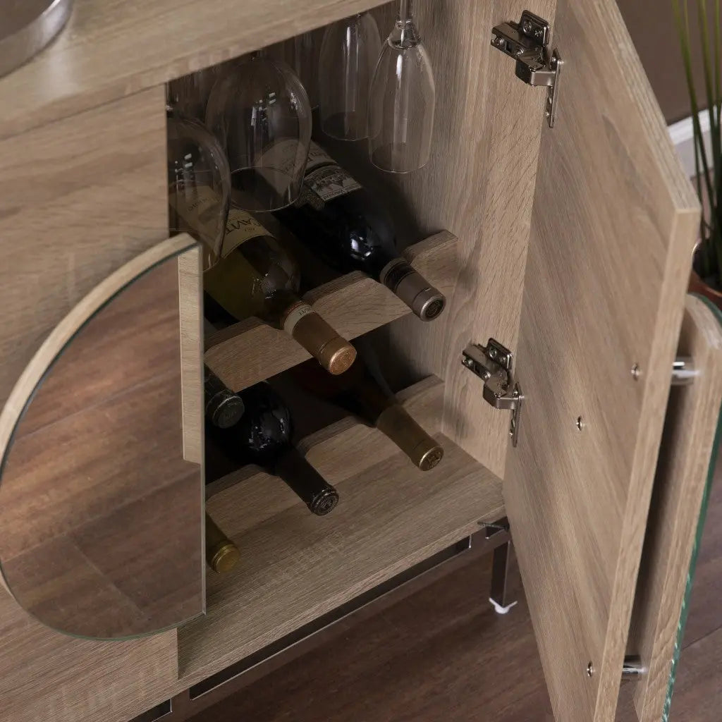 32" Natural and Chrome Mirrored Circle Double Door Bar Cabinet Homeroots Kitchen & Dining