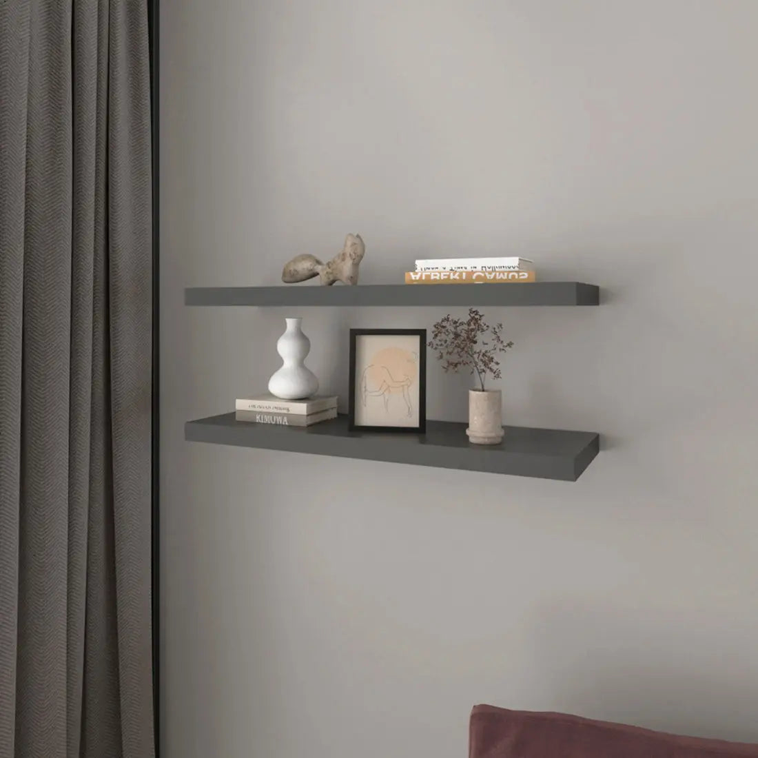 32" Set Of Two Dark Gray Wood Wall Mounted Floating Shelves - GreatEagleInc