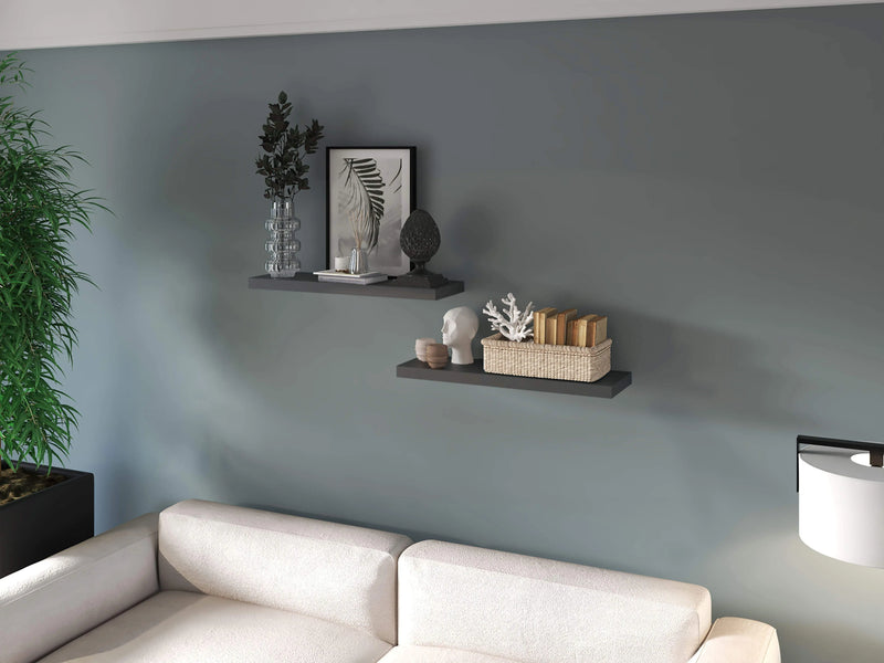 32" Set Of Two Dark Gray Wood Wall Mounted Floating Shelves - GreatEagleInc