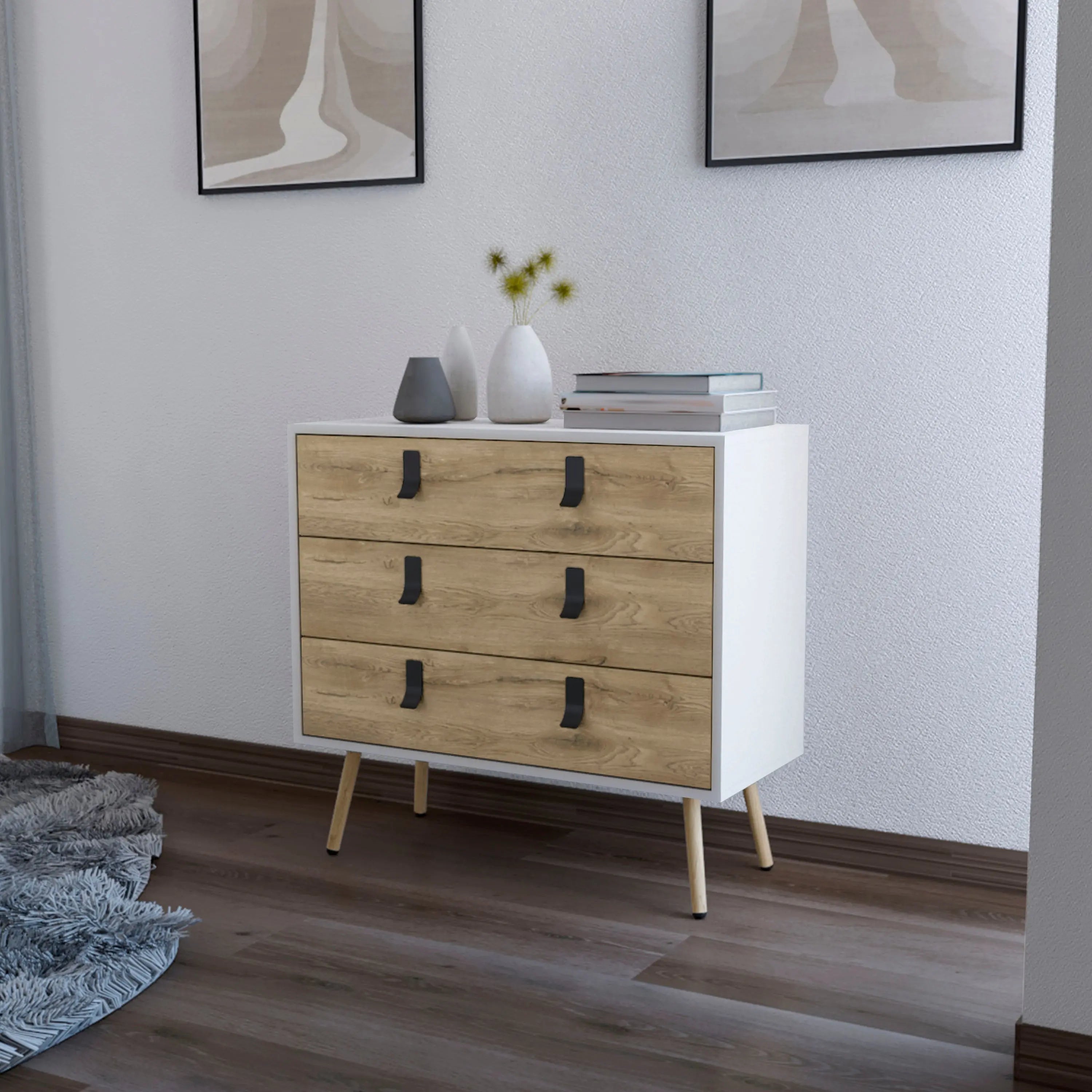 32" White And Natural Wood Three Drawer Dresser Homeroots Bed & Bath