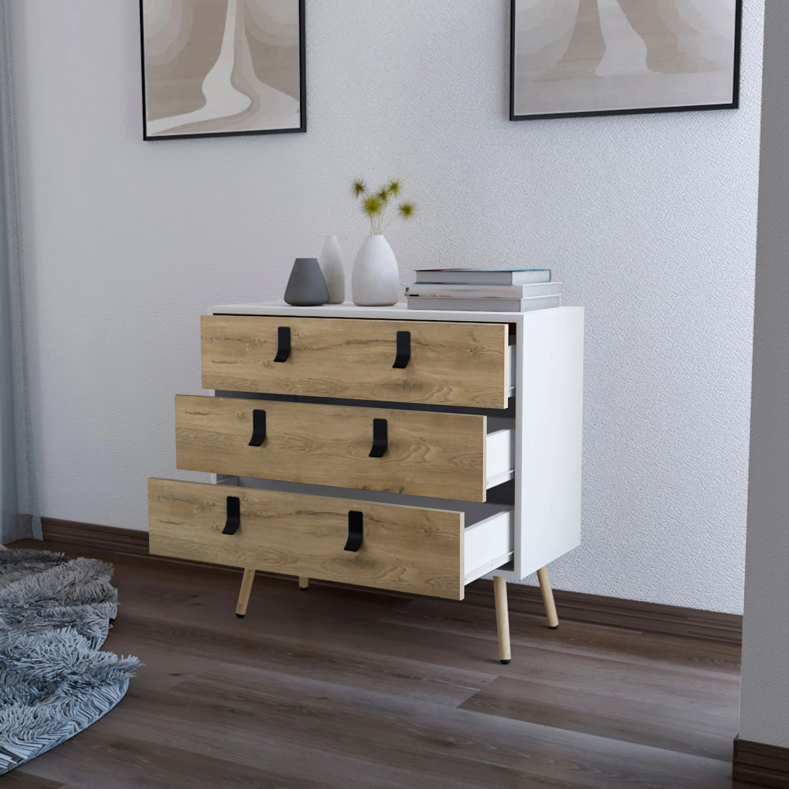 32" White And Natural Wood Three Drawer Dresser Homeroots Bed & Bath