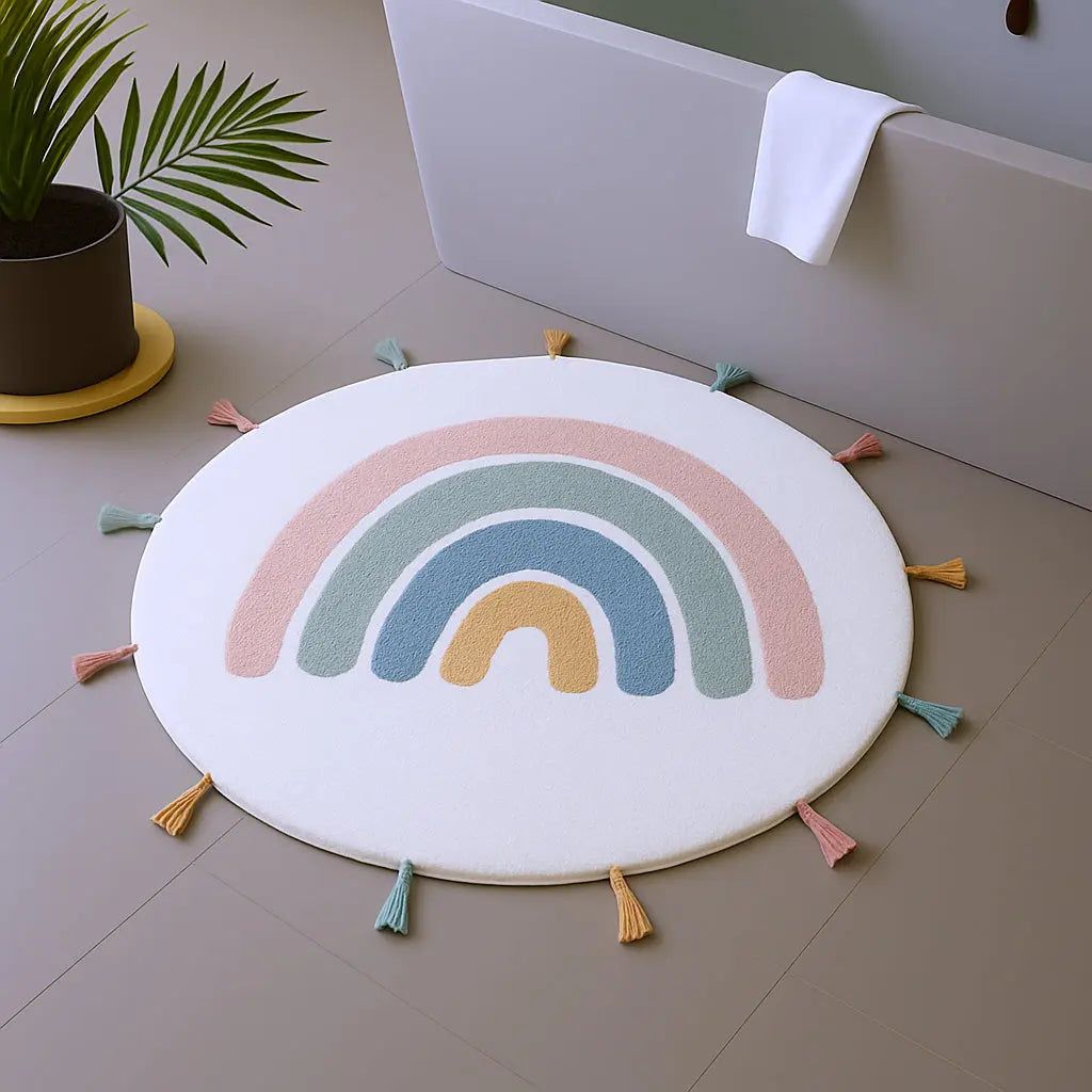 32" White Blue And Pink Cotton Rainbows Round Youthful Bath Rug - GreatEagleInc