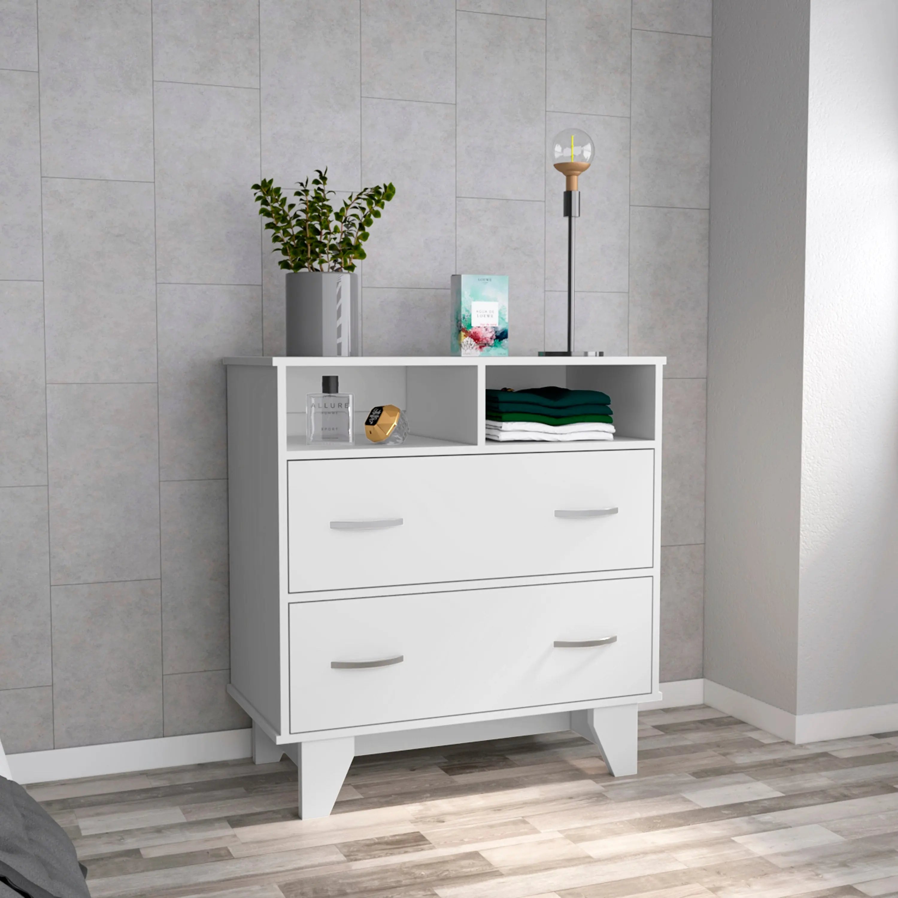 32" White Two Drawer Dresser With Open Shelving Homeroots Bed & Bath