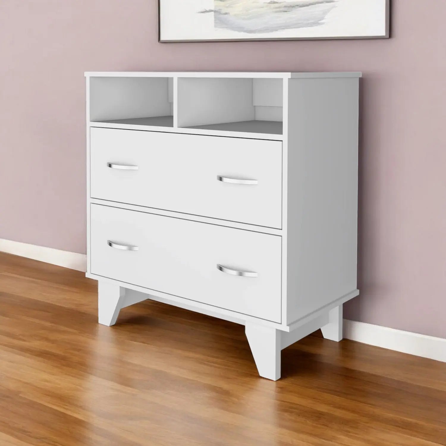 32" White Two Drawer Dresser With Open Shelving Homeroots Bed & Bath