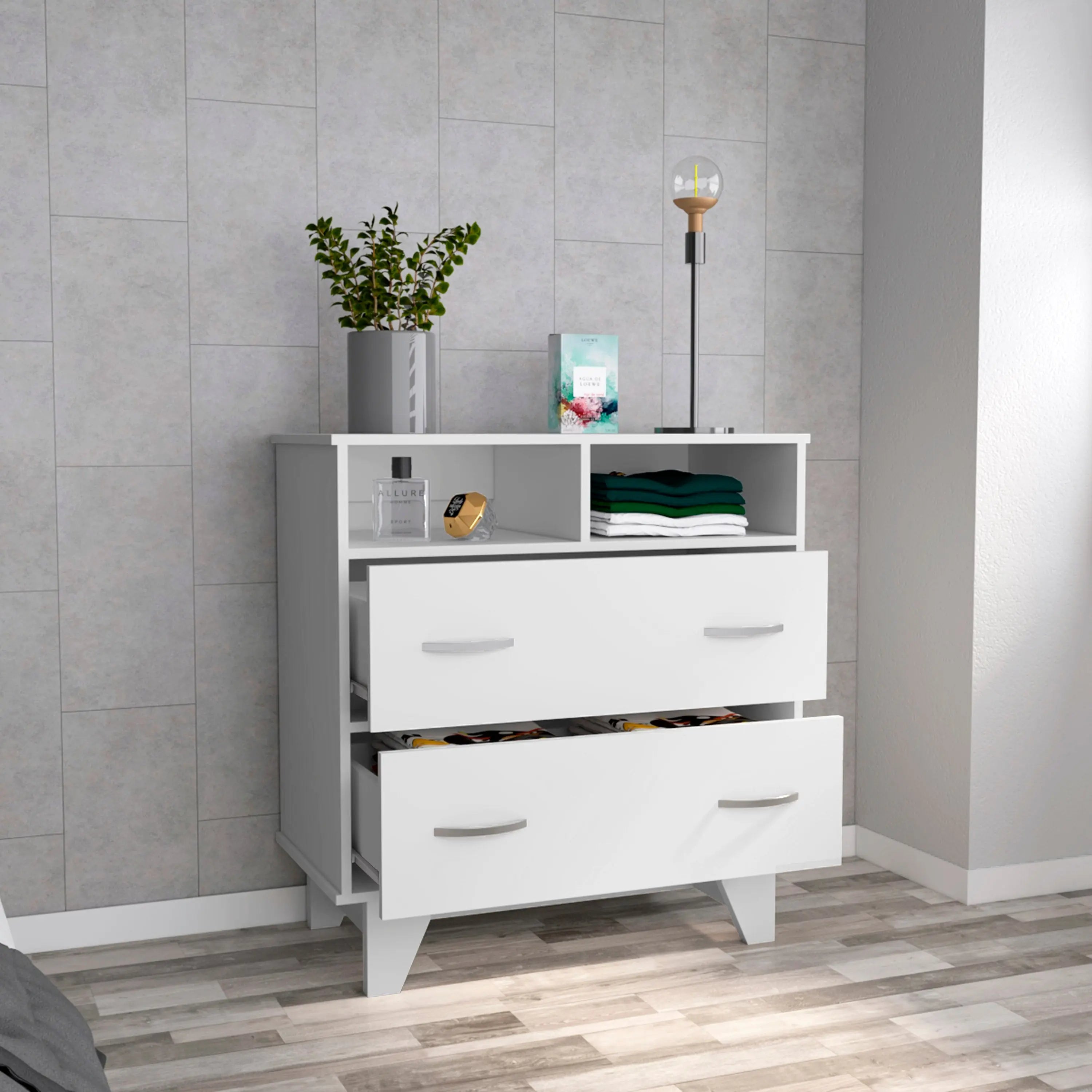 32" White Two Drawer Dresser With Open Shelving Homeroots Bed & Bath