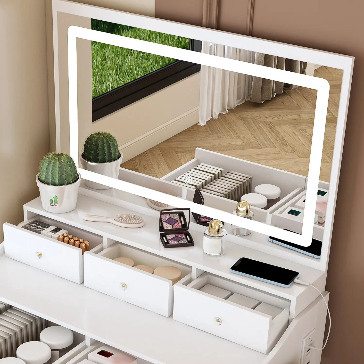 32" White Wood Mirrored Five Drawer Vanity Table And Lights Homeroots Living Room
