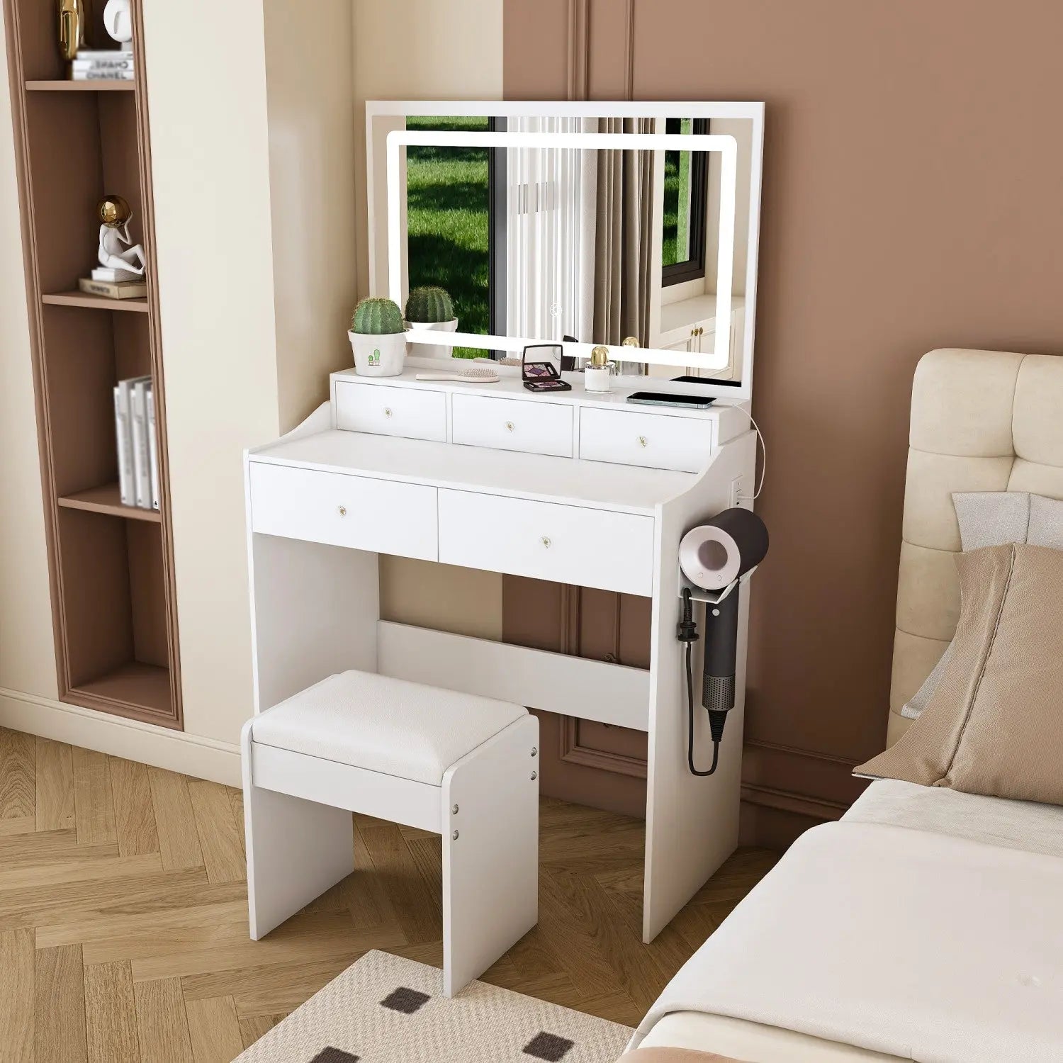 32" White Wood Mirrored Five Drawer Vanity Table And Lights Homeroots Living Room