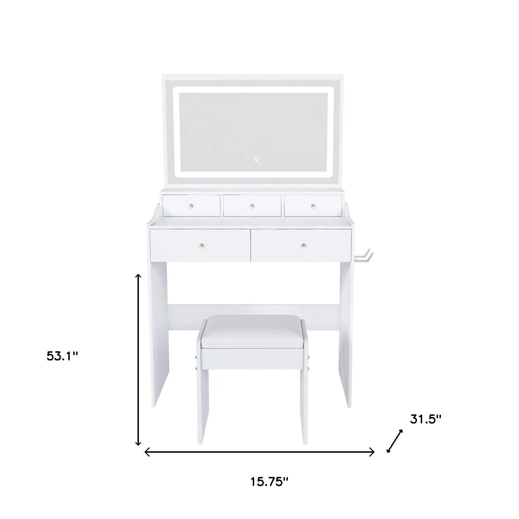 32" White Wood Mirrored Five Drawer Vanity Table And Lights Homeroots Living Room