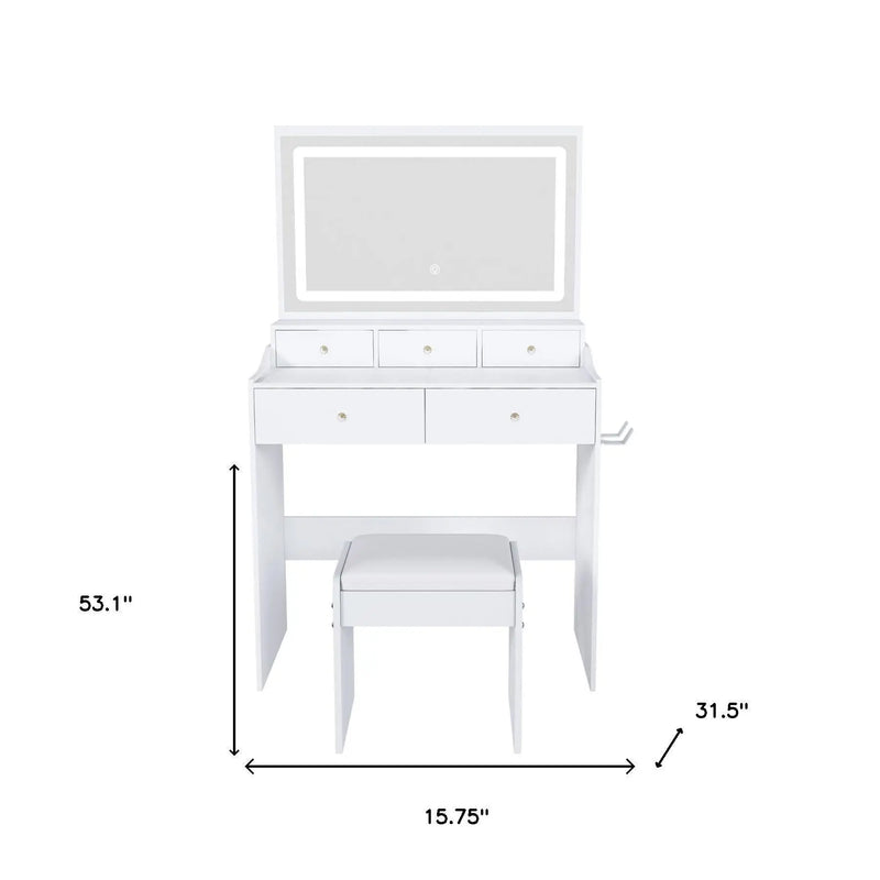 32" White Wood Mirrored Five Drawer Vanity Table And Lights Homeroots Living Room