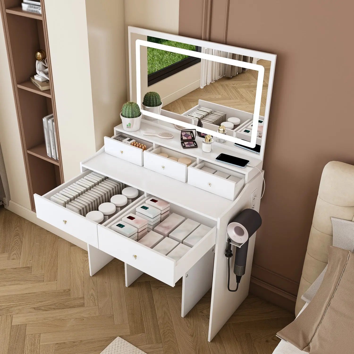 32" White Wood Mirrored Five Drawer Vanity Table And Lights Homeroots Living Room