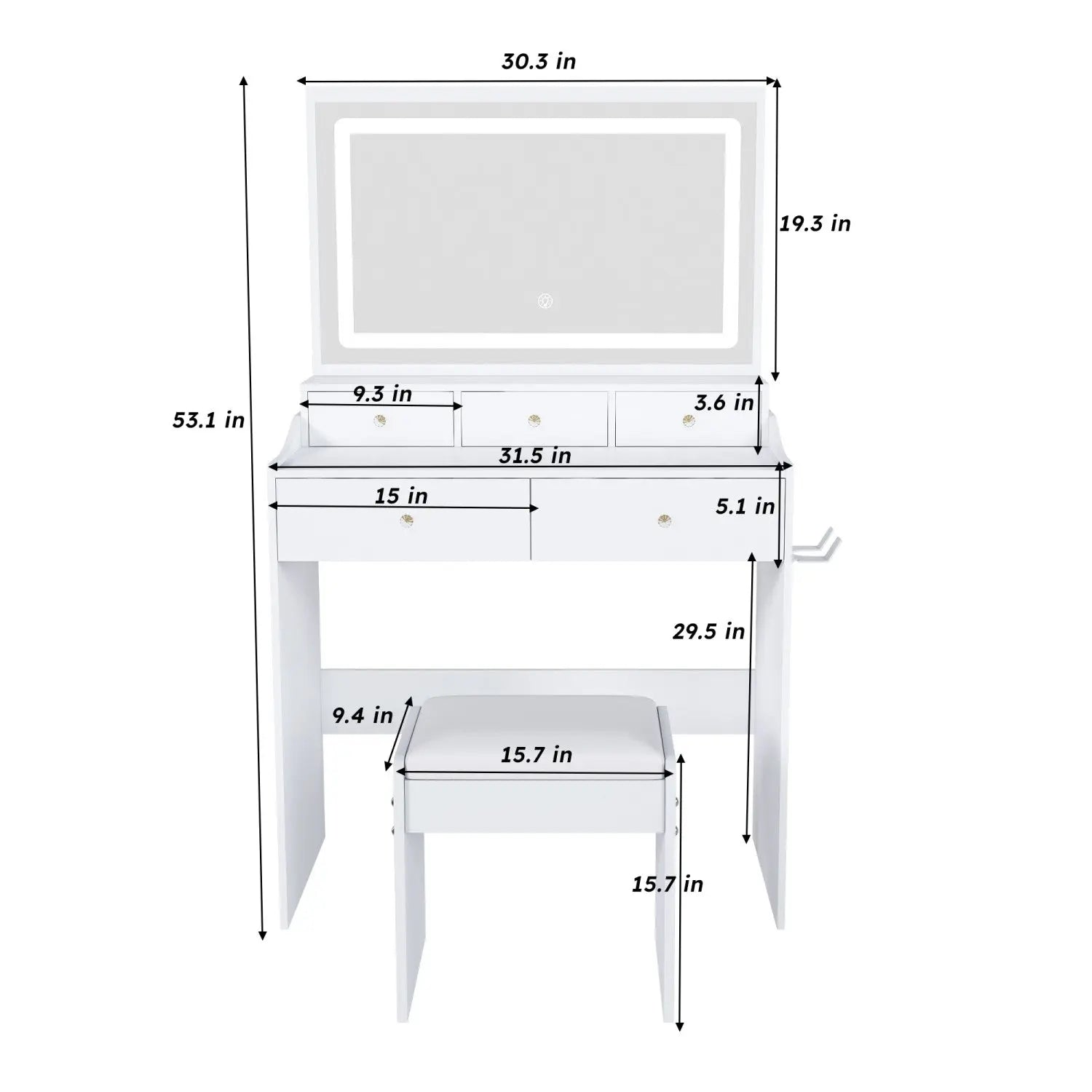32" White Wood Mirrored Five Drawer Vanity Table And Lights Homeroots Living Room