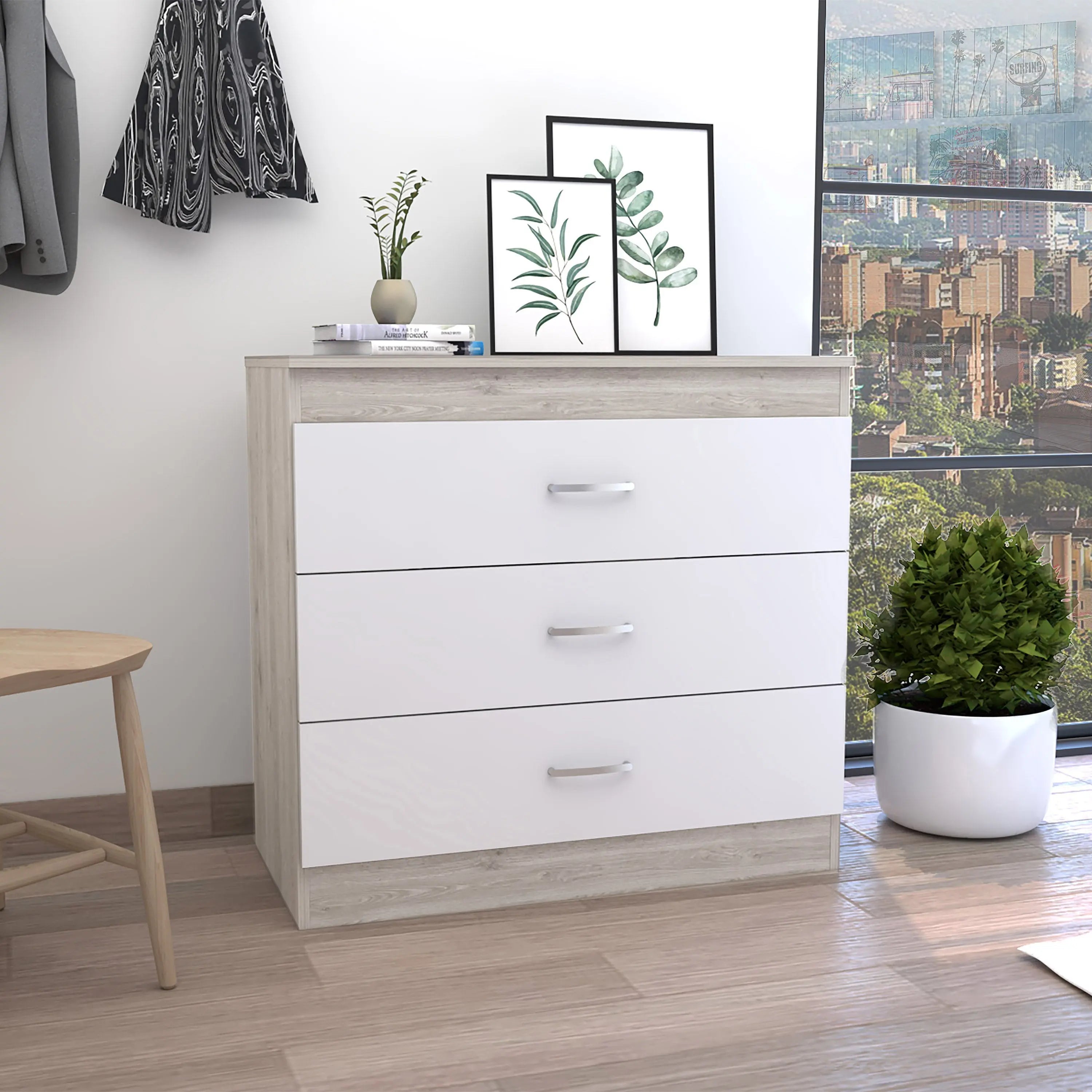 32" White and Gray Three Drawer Dresser Homeroots Bed & Bath