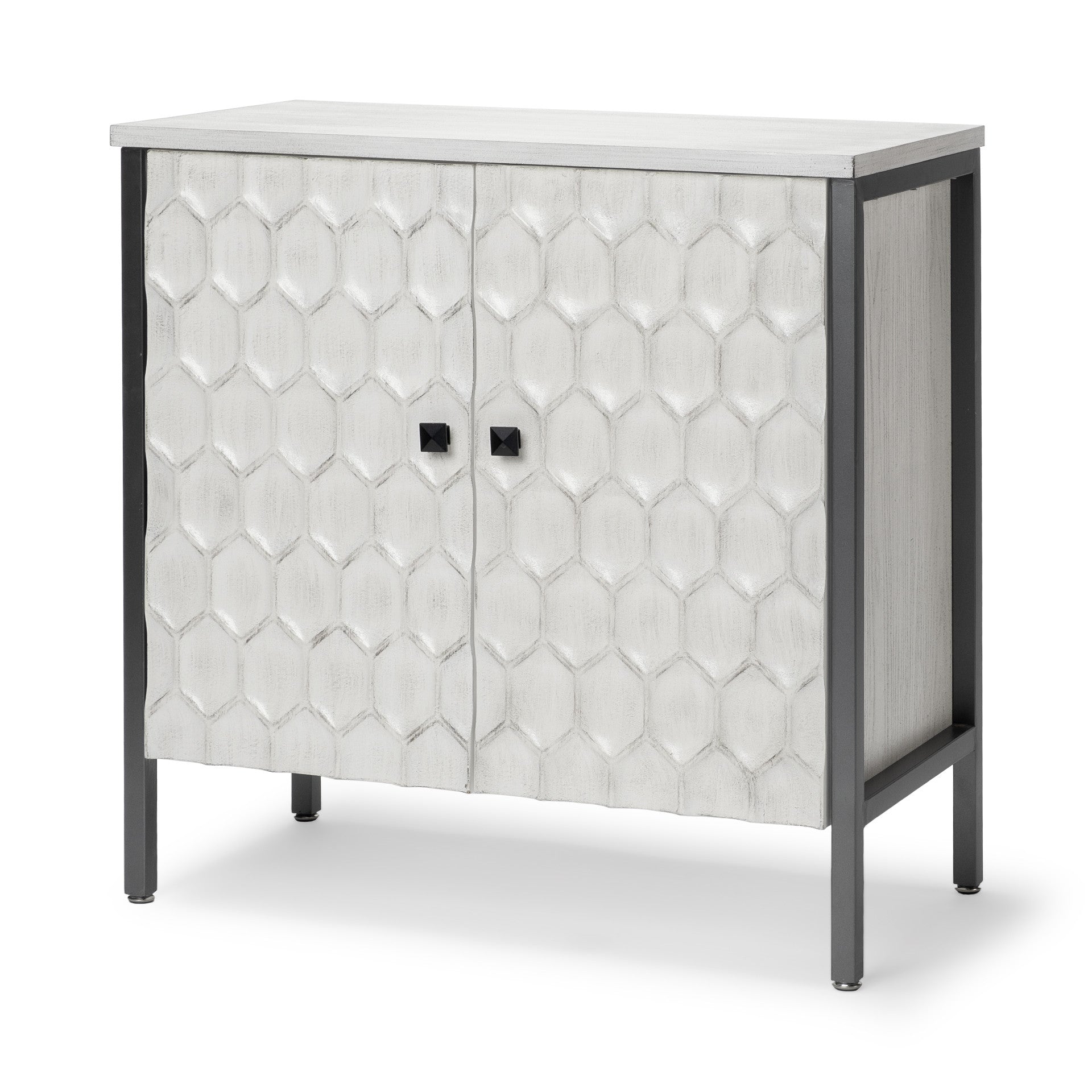 32" White and Gray Wood and Metal Carved Geometric Accent Cabinet With Two Doors Homeroots Kitchen & Dining