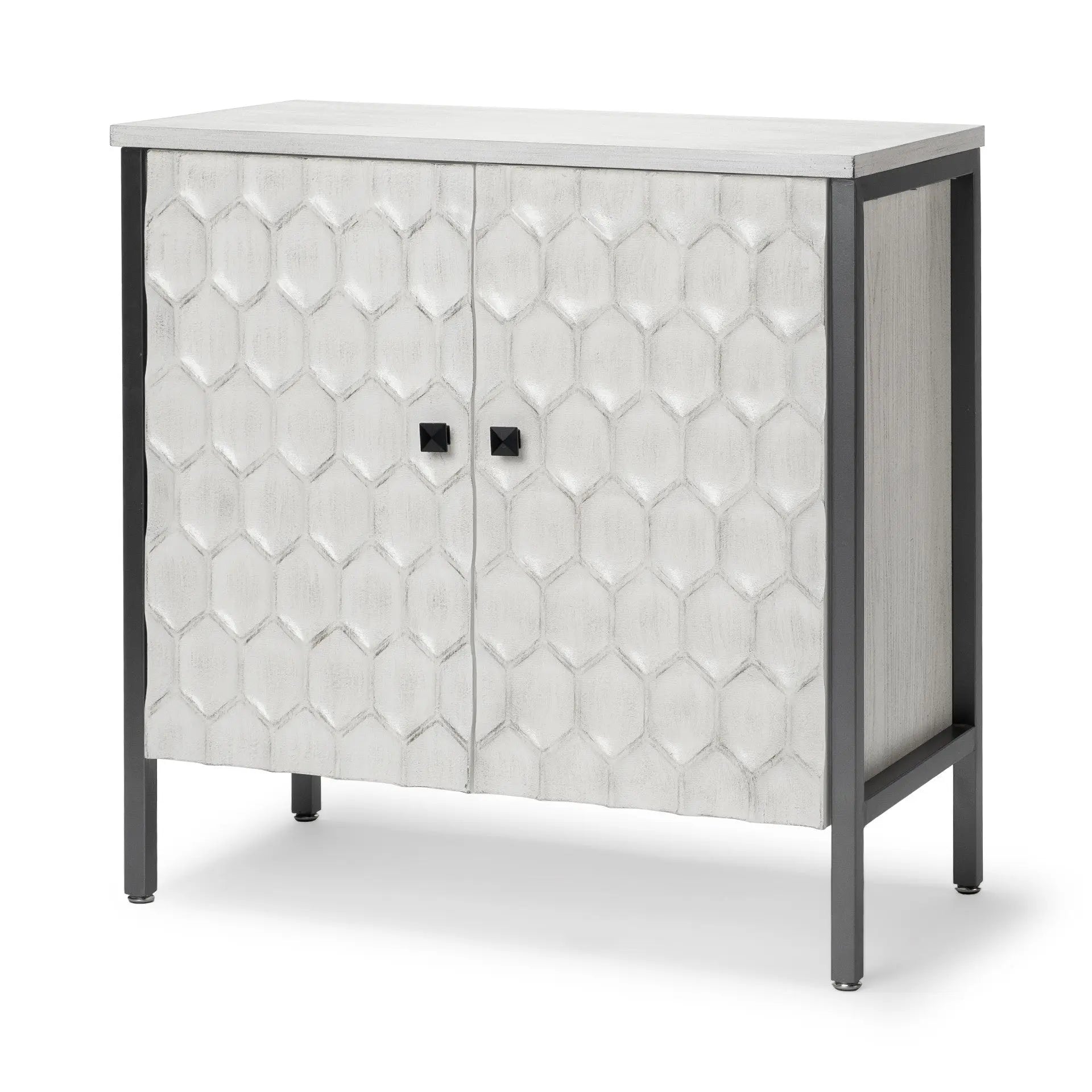 32" White and Gray Wood and Metal Carved Geometric Accent Cabinet With Two Doors Homeroots Kitchen & Dining