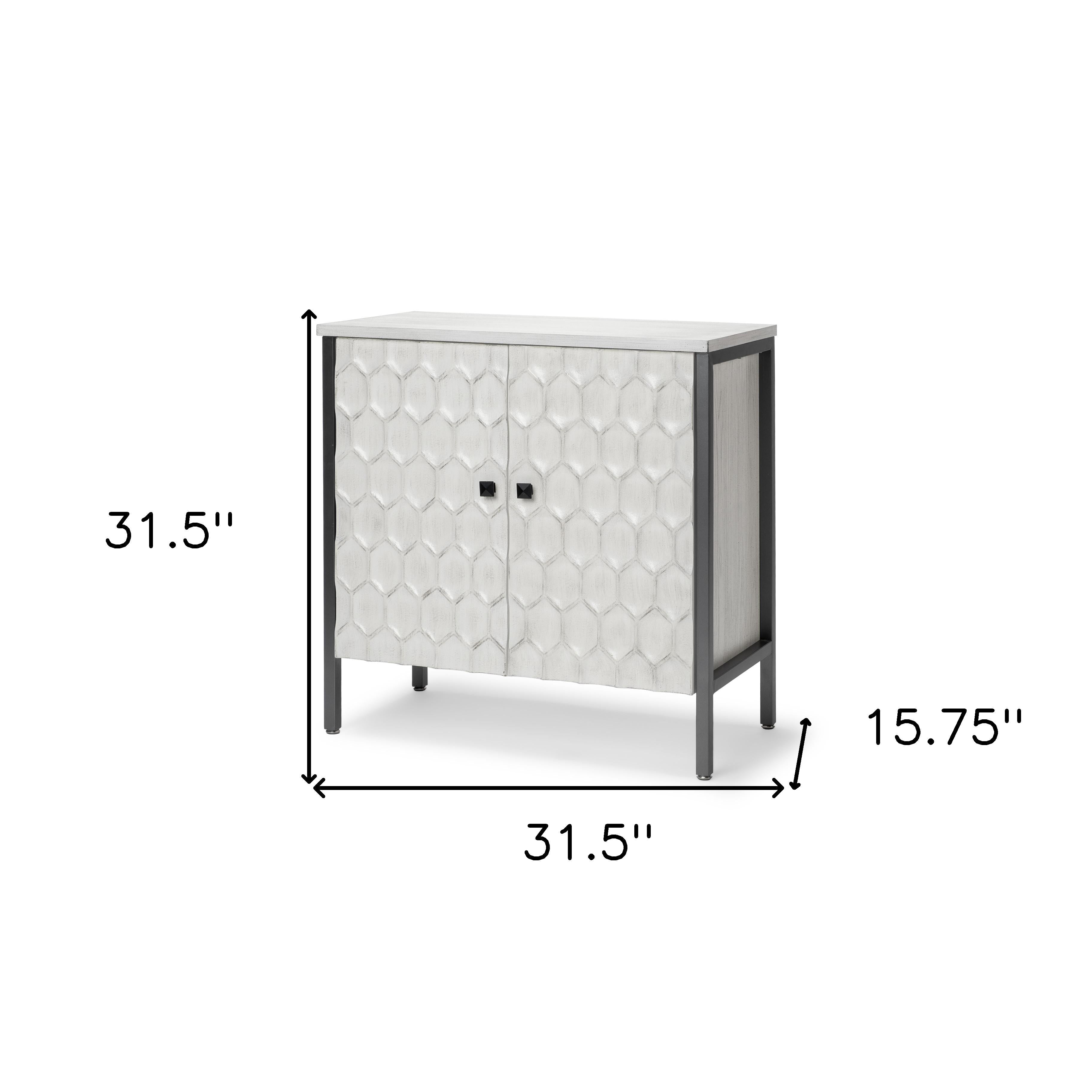 32" White and Gray Wood and Metal Carved Geometric Accent Cabinet With Two Doors Homeroots Kitchen & Dining