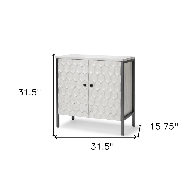 32" White and Gray Wood and Metal Carved Geometric Accent Cabinet With Two Doors Homeroots Kitchen & Dining