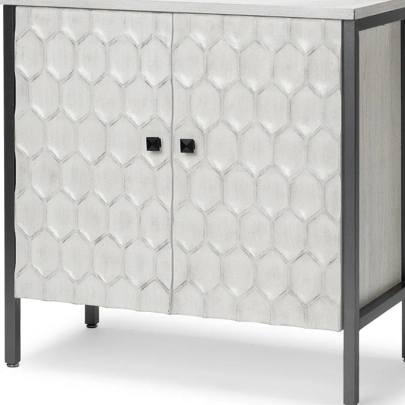 32" White and Gray Wood and Metal Carved Geometric Accent Cabinet With Two Doors Homeroots Kitchen & Dining