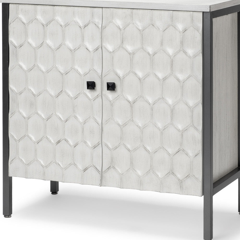 32" White and Gray Wood and Metal Carved Geometric Accent Cabinet With Two Doors Homeroots Kitchen & Dining