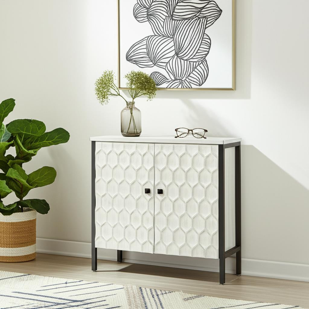 32" White and Gray Wood and Metal Carved Geometric Accent Cabinet With Two Doors Homeroots Kitchen & Dining