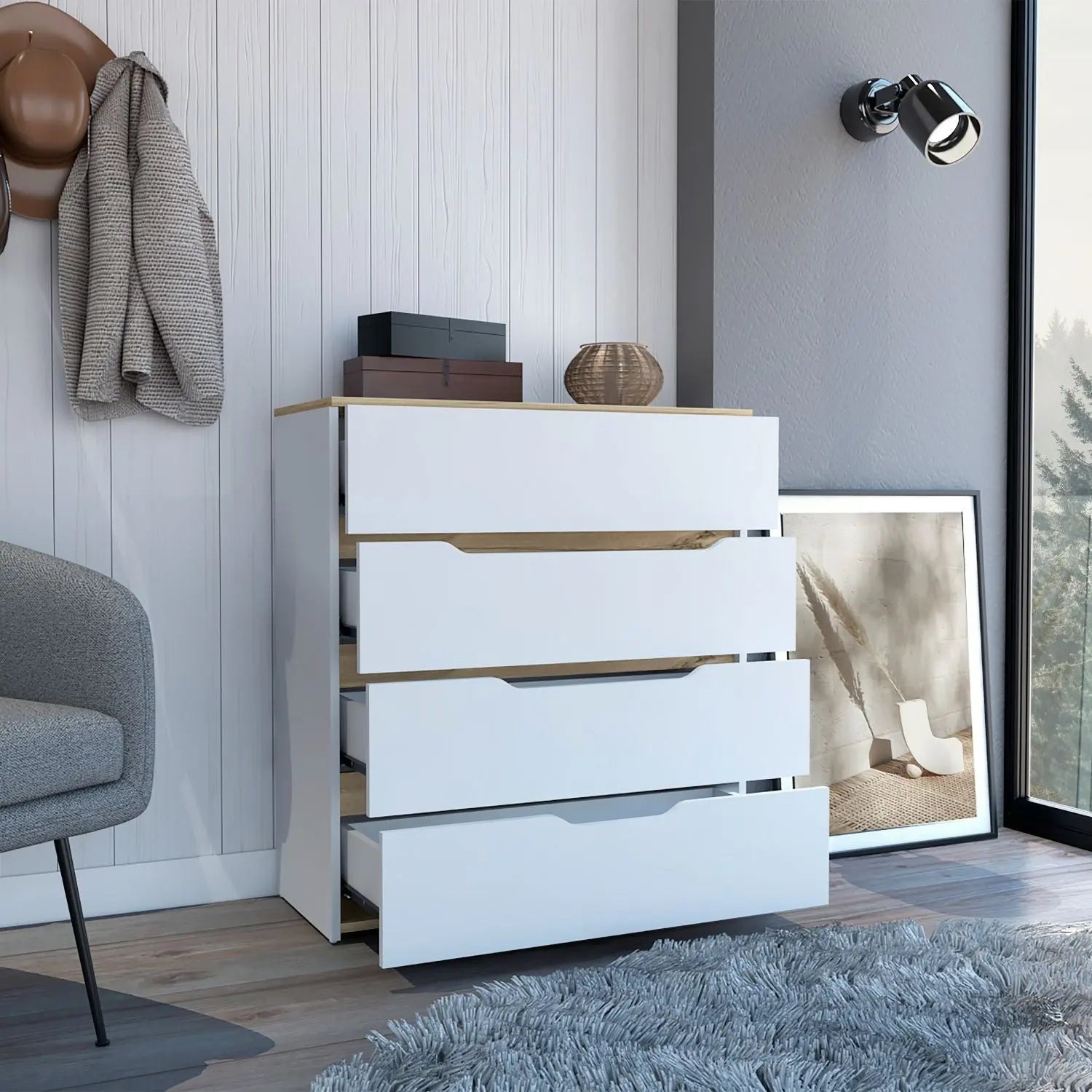 32" White and Natural Four Drawer Dresser Homeroots Bed & Bath