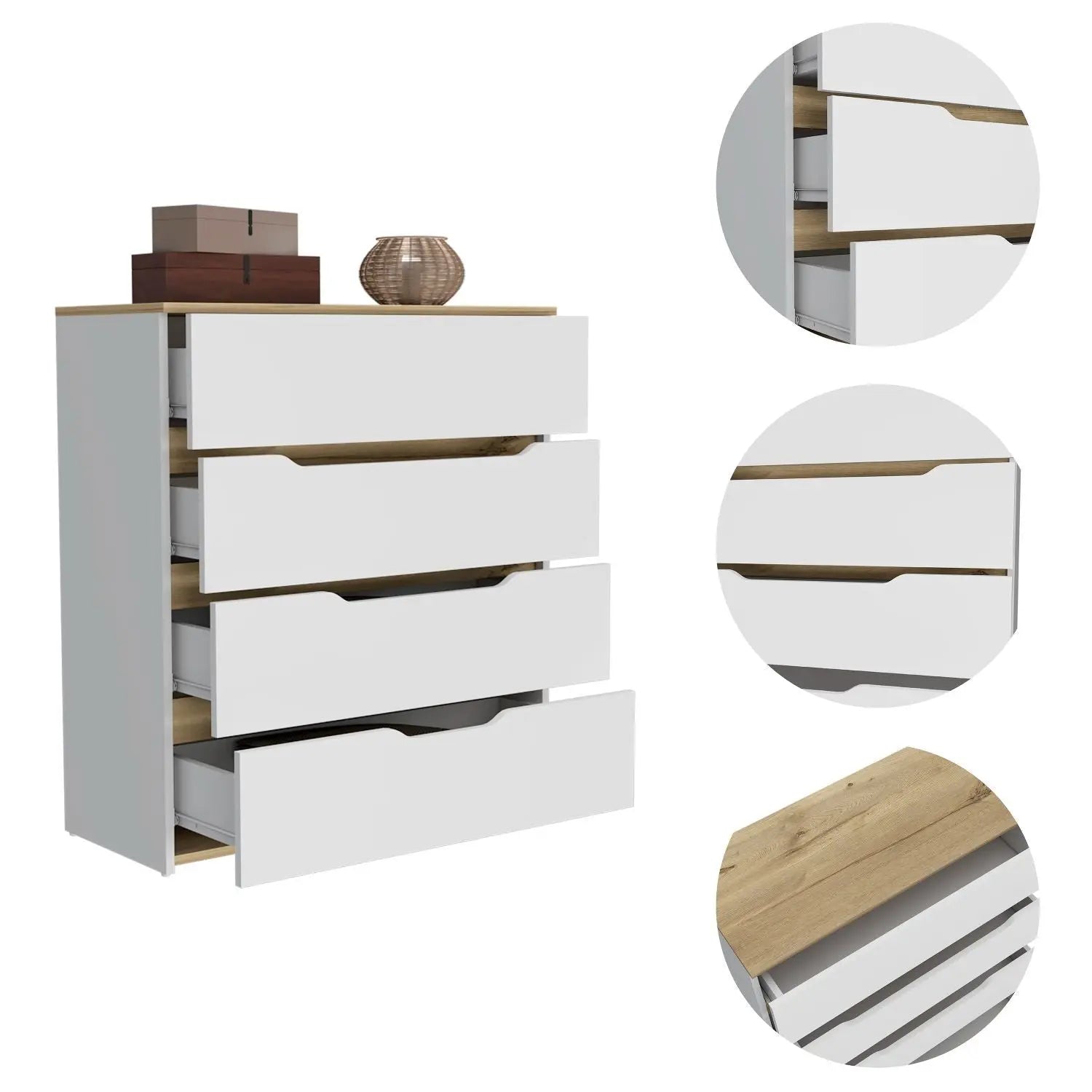 32" White and Natural Four Drawer Dresser Homeroots Bed & Bath