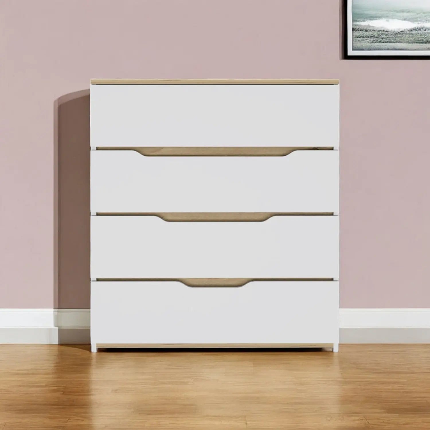 32" White and Natural Four Drawer Dresser Homeroots Bed & Bath