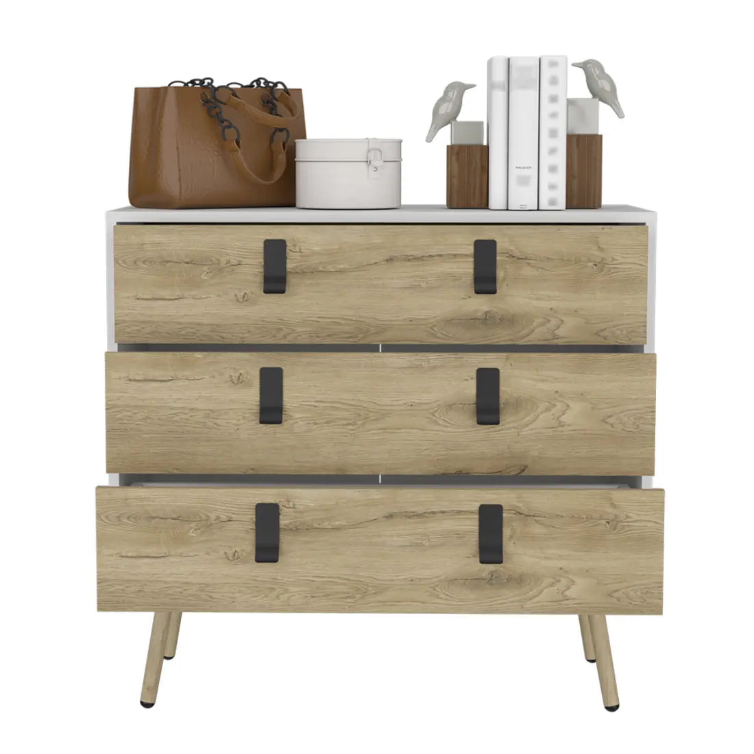 32" White and Natural Three Drawer Dresser Homeroots Bed & Bath