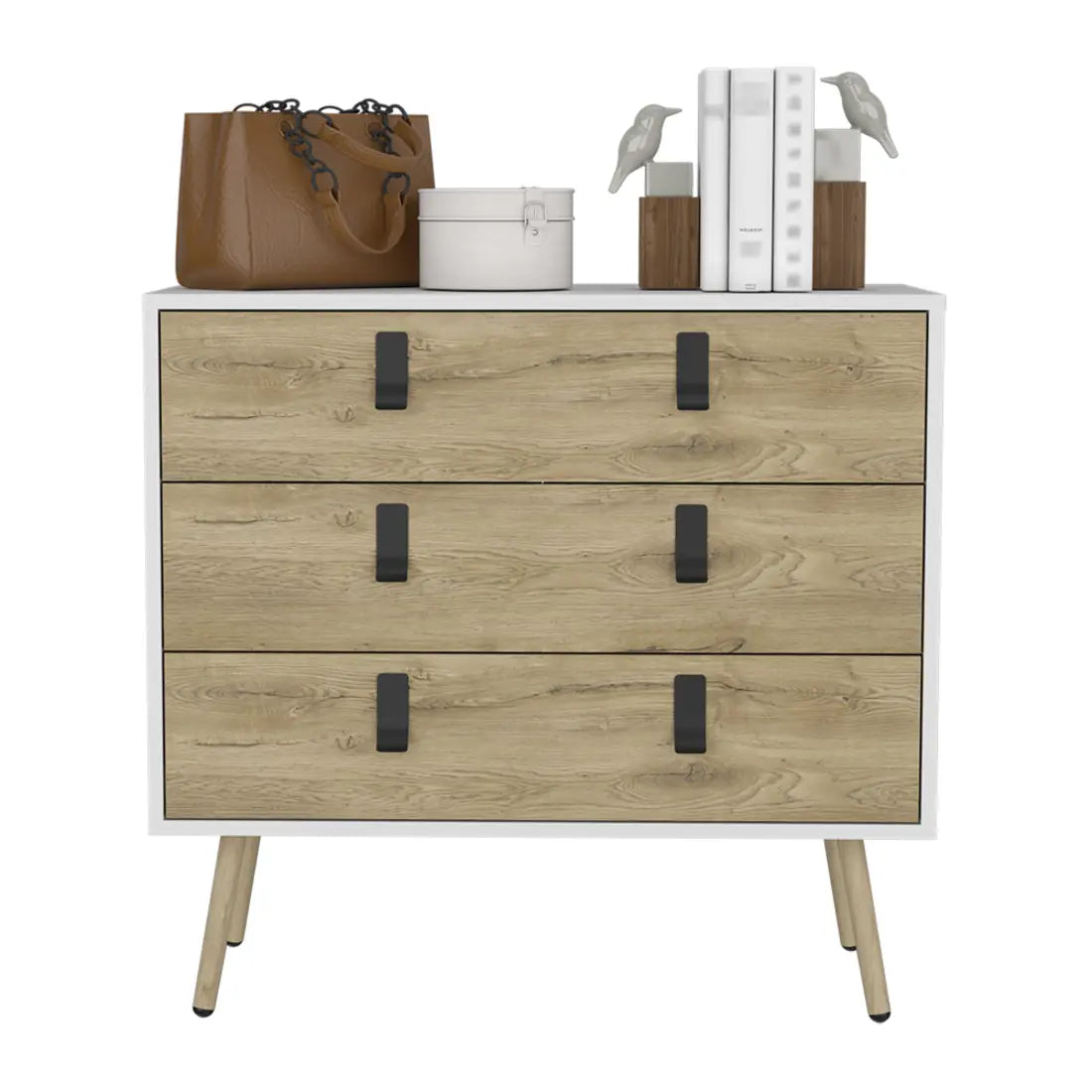 32" White and Natural Three Drawer Dresser Homeroots Bed & Bath