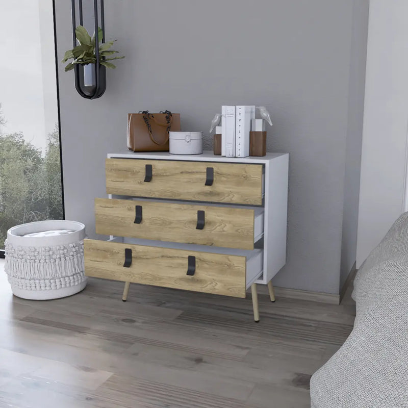32" White and Natural Three Drawer Dresser Homeroots Bed & Bath