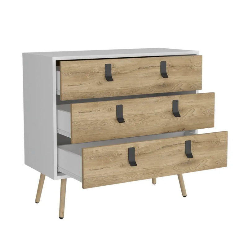 32" White and Natural Three Drawer Dresser Homeroots Bed & Bath