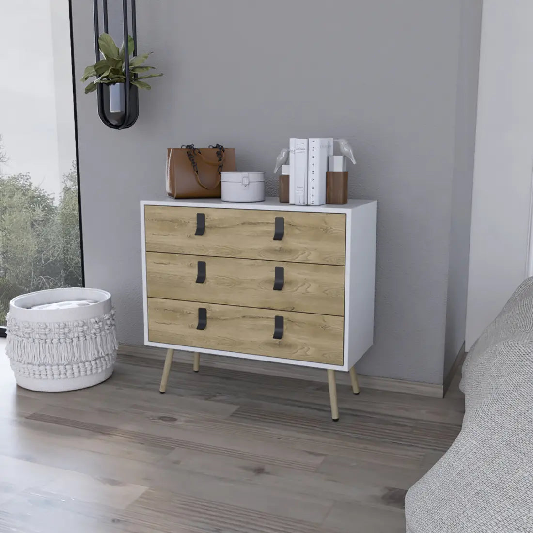 32" White and Natural Three Drawer Dresser Homeroots Bed & Bath