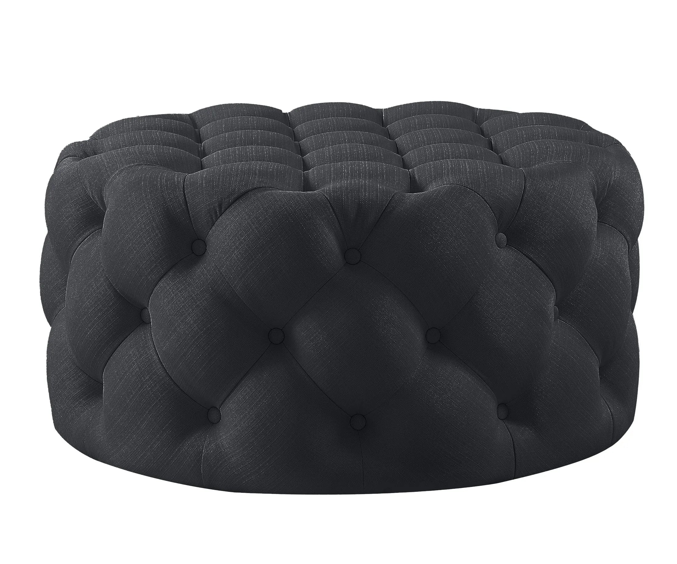 33" Black Linen Tufted Round Cocktail Ottoman Homeroots Living Room