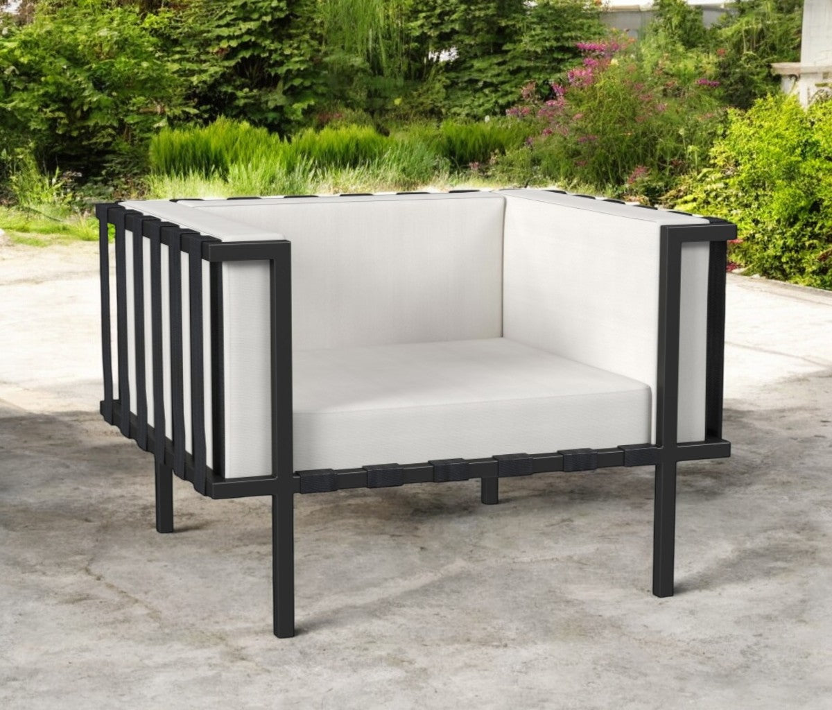 33" Black Metal Outdoor Arm Chair with Off White Cushion Homeroots Outdoor