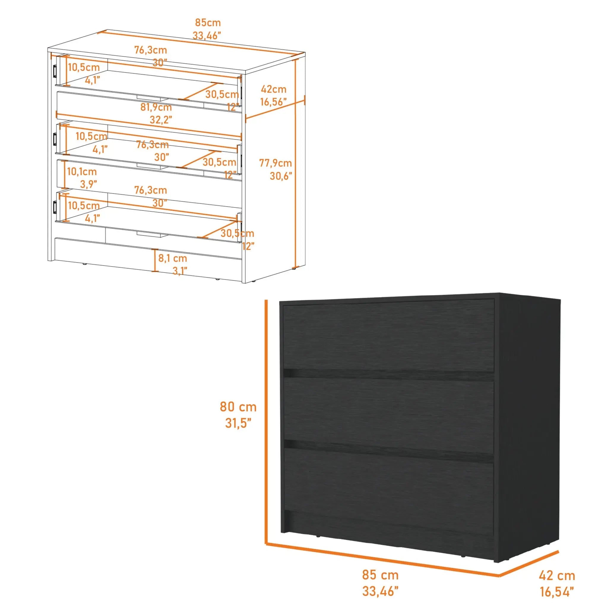33" Black Three Drawer Dresser Homeroots Bed & Bath