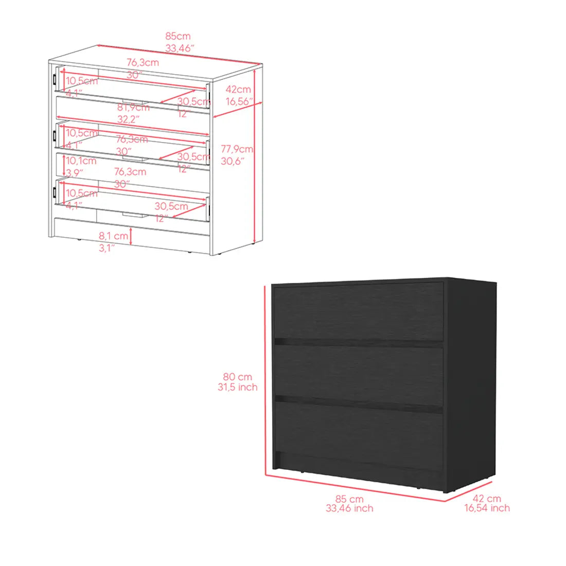 33" Black Three Drawer Dresser Homeroots Bed & Bath