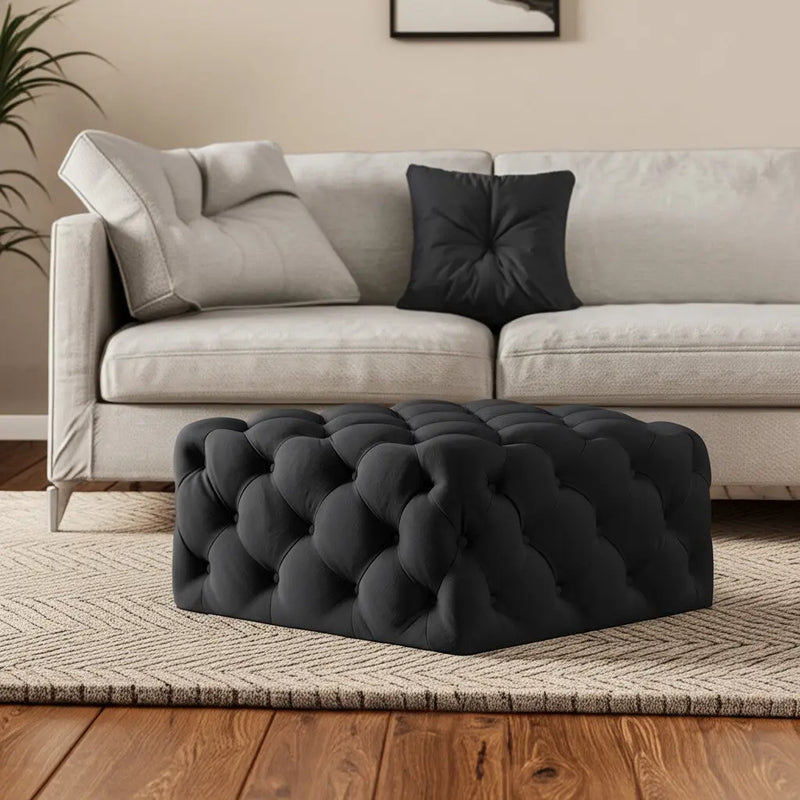 33" Black Velvet Rolling Tufted Cocktail Ottoman Homeroots Living Room