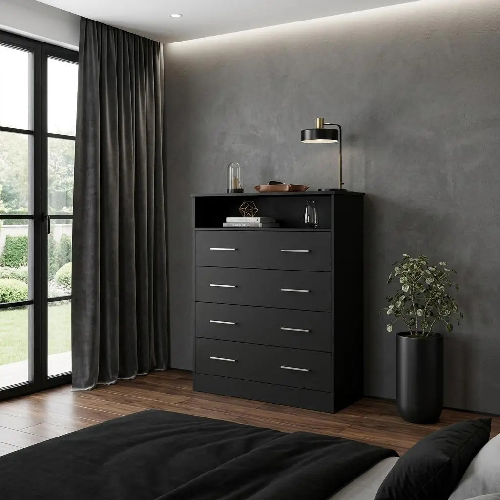 33" Black Wood Four Drawer Dresser Homeroots Bed & Bath