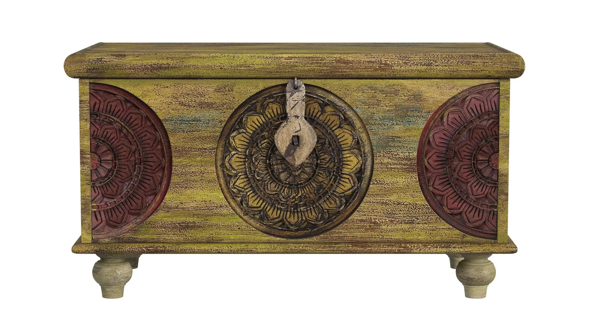 33" Brown and Green Wood Distressed Coffee Table Homeroots Living Room