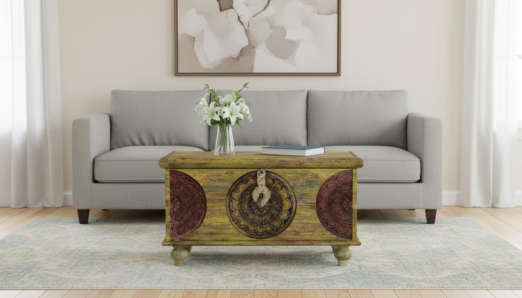 33" Brown and Green Wood Distressed Coffee Table Homeroots Living Room