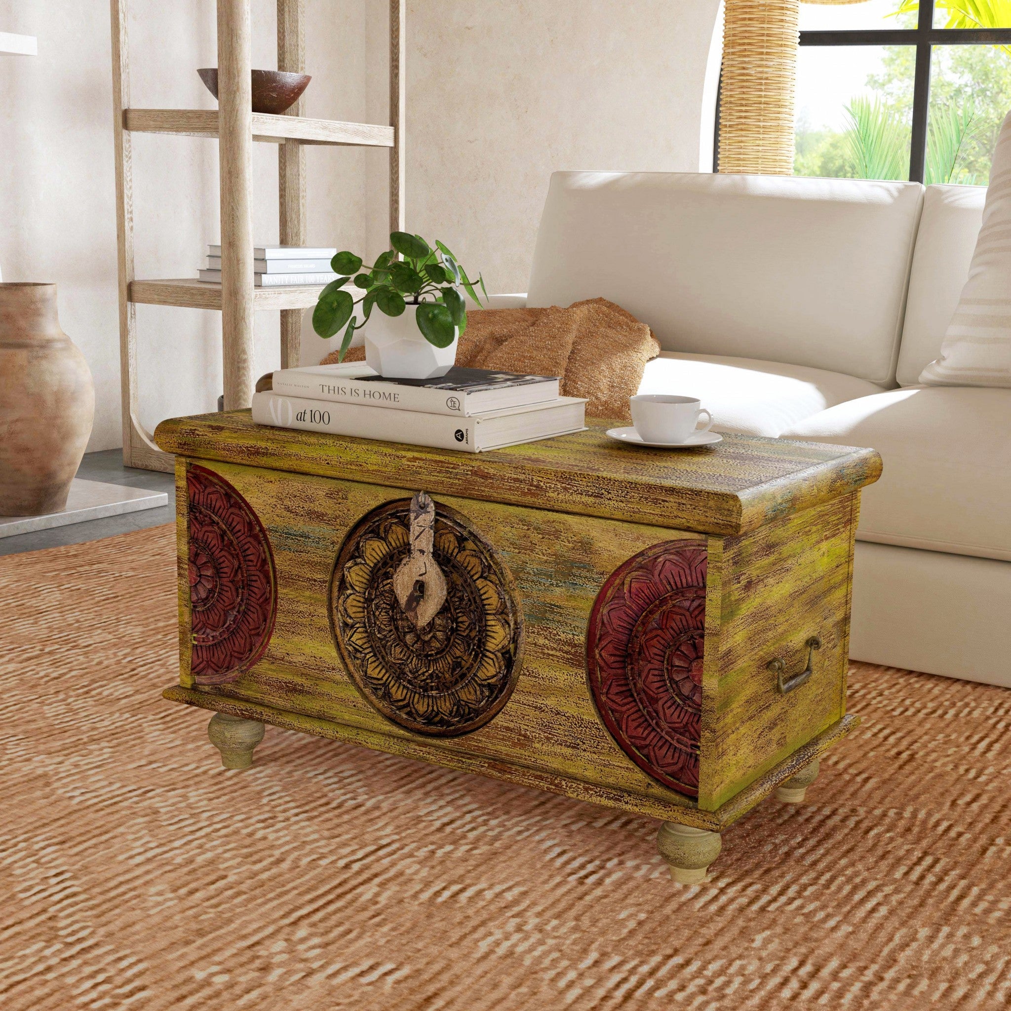 33" Brown and Green Wood Distressed Coffee Table Homeroots Living Room
