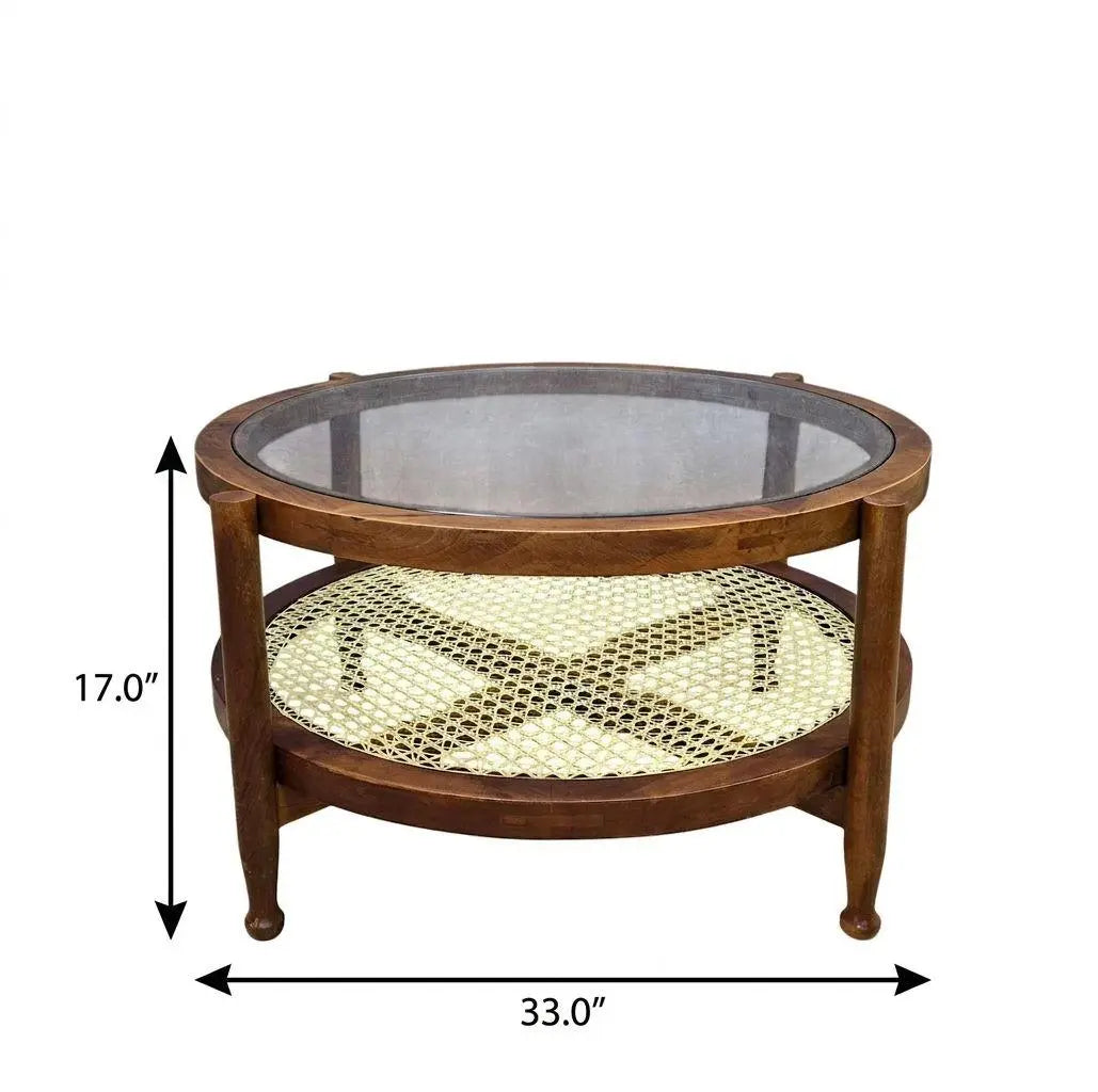 33" Clear and Oak Glass and Solid Wood Round Coffee Table Homeroots Living Room