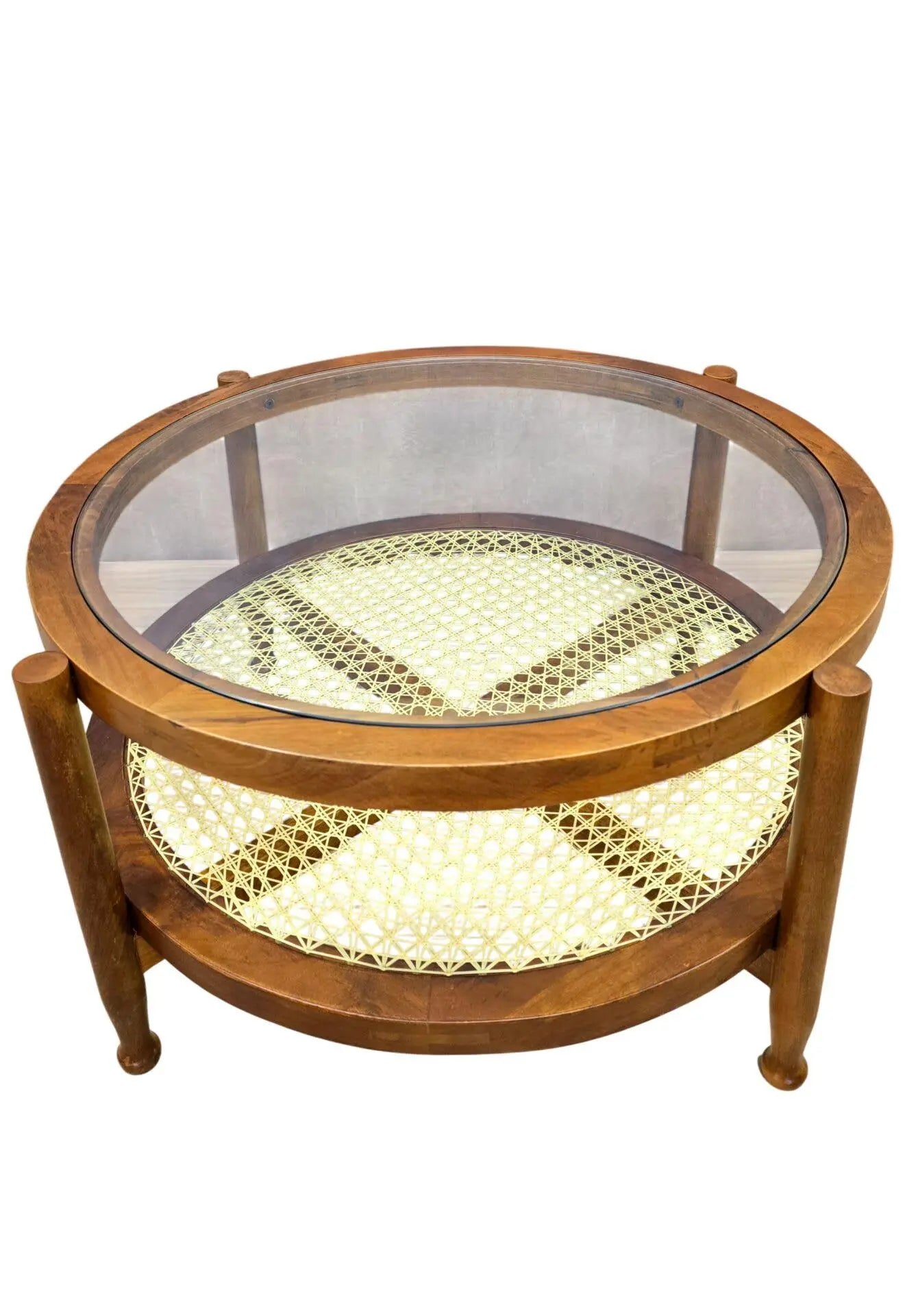 33" Clear and Oak Glass and Solid Wood Round Coffee Table Homeroots Living Room