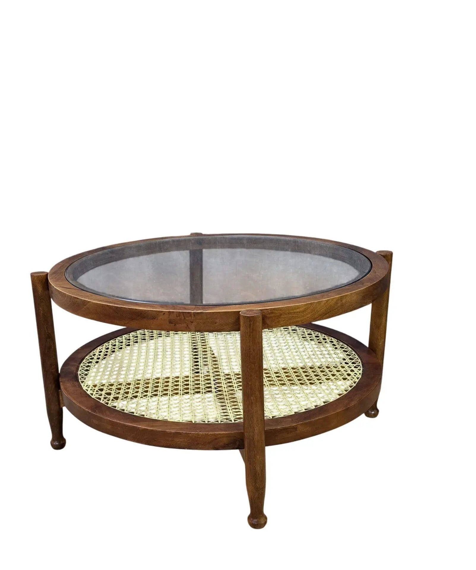 33" Clear and Oak Glass and Solid Wood Round Coffee Table Homeroots Living Room