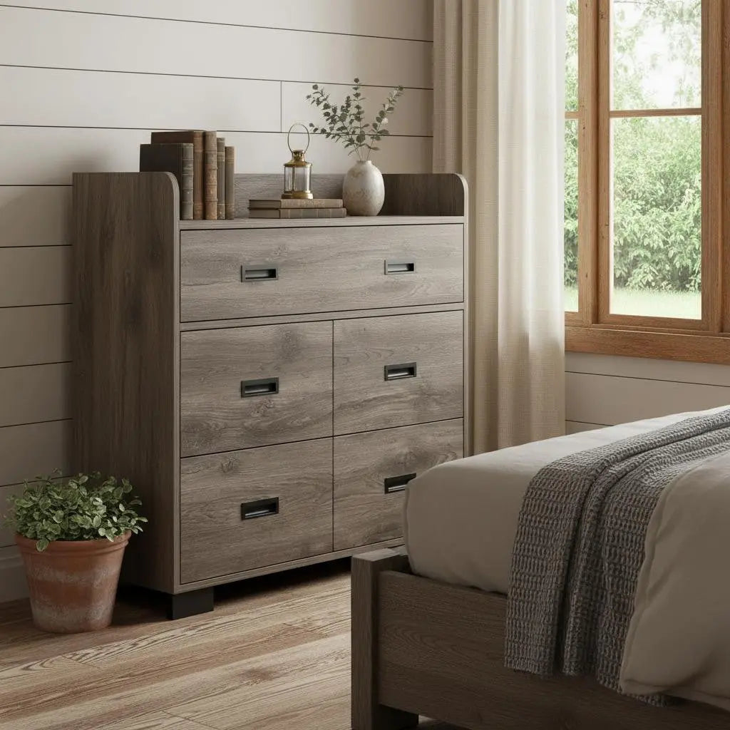 33" Dark Brown Wood Five Drawer Double Dresser Homeroots Bed & Bath