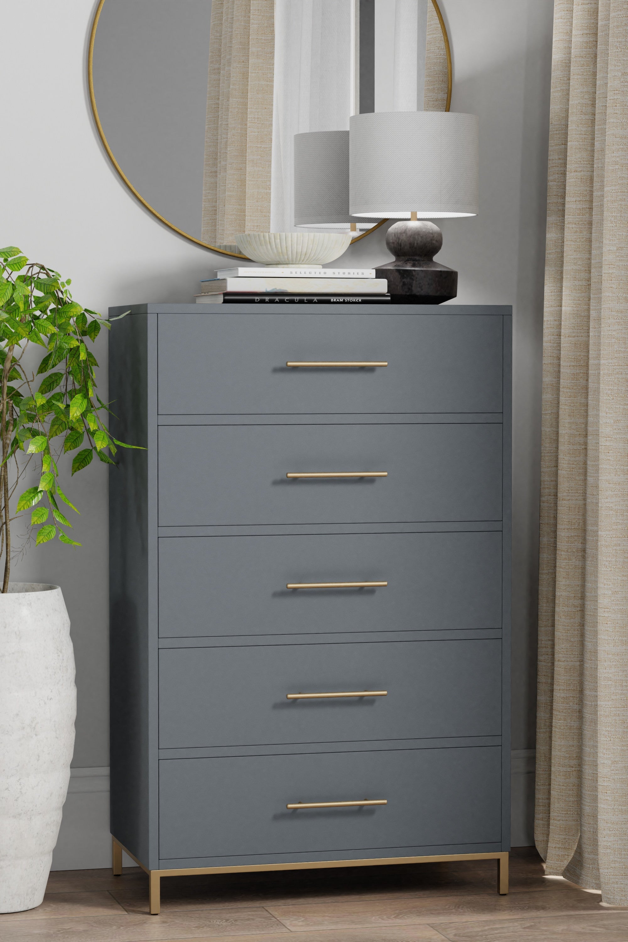 33" Gray Solid Wood Five Drawer Dresser - GreatEagleInc