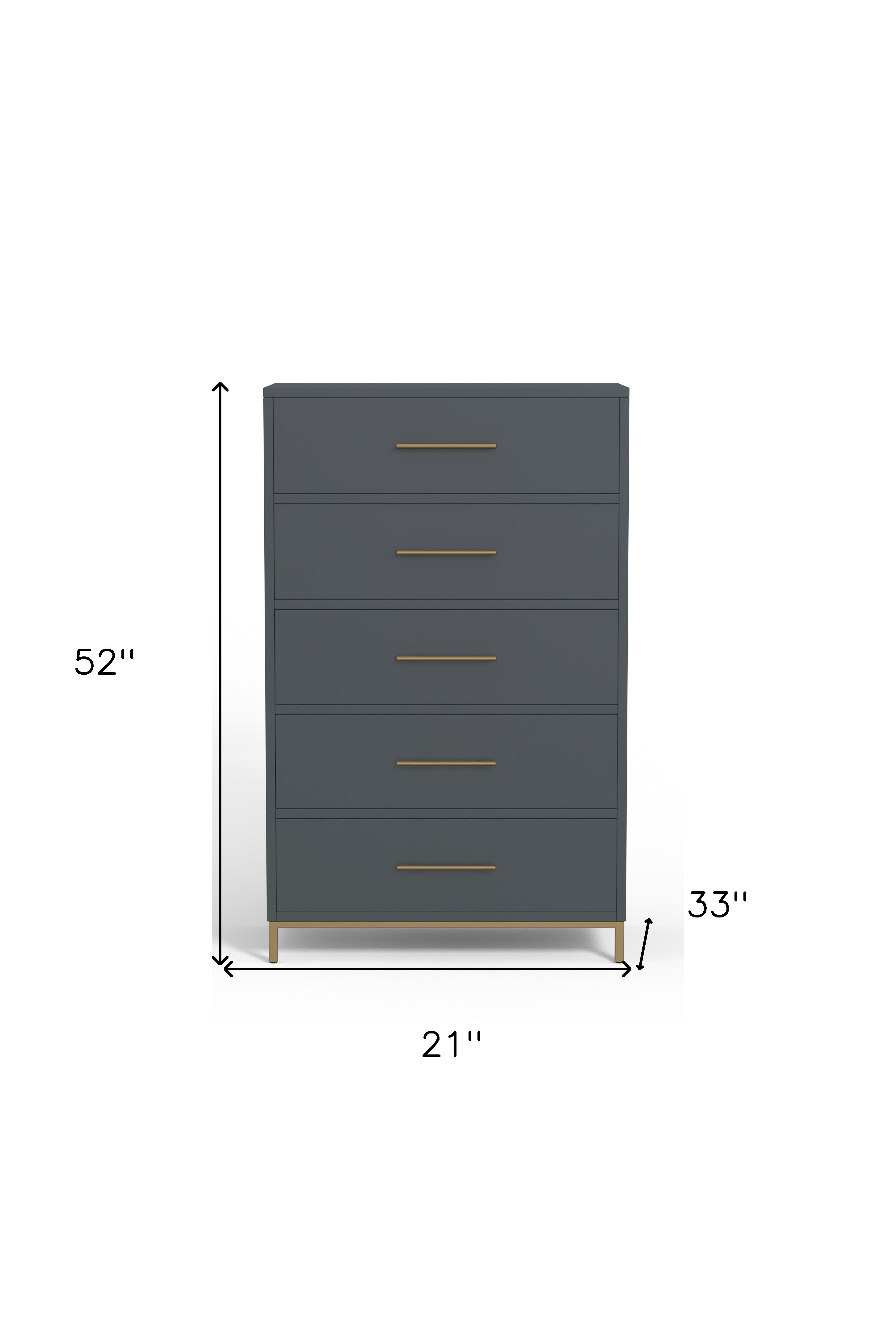 33" Gray Solid Wood Five Drawer Dresser - GreatEagleInc