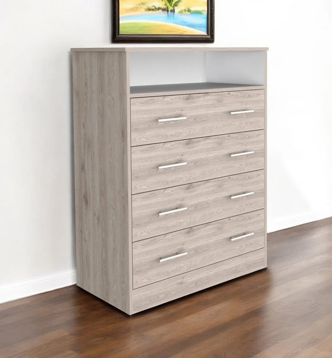 33" Light Gray Four Drawer Standard Chest With Open Shelf Homeroots Bed & Bath