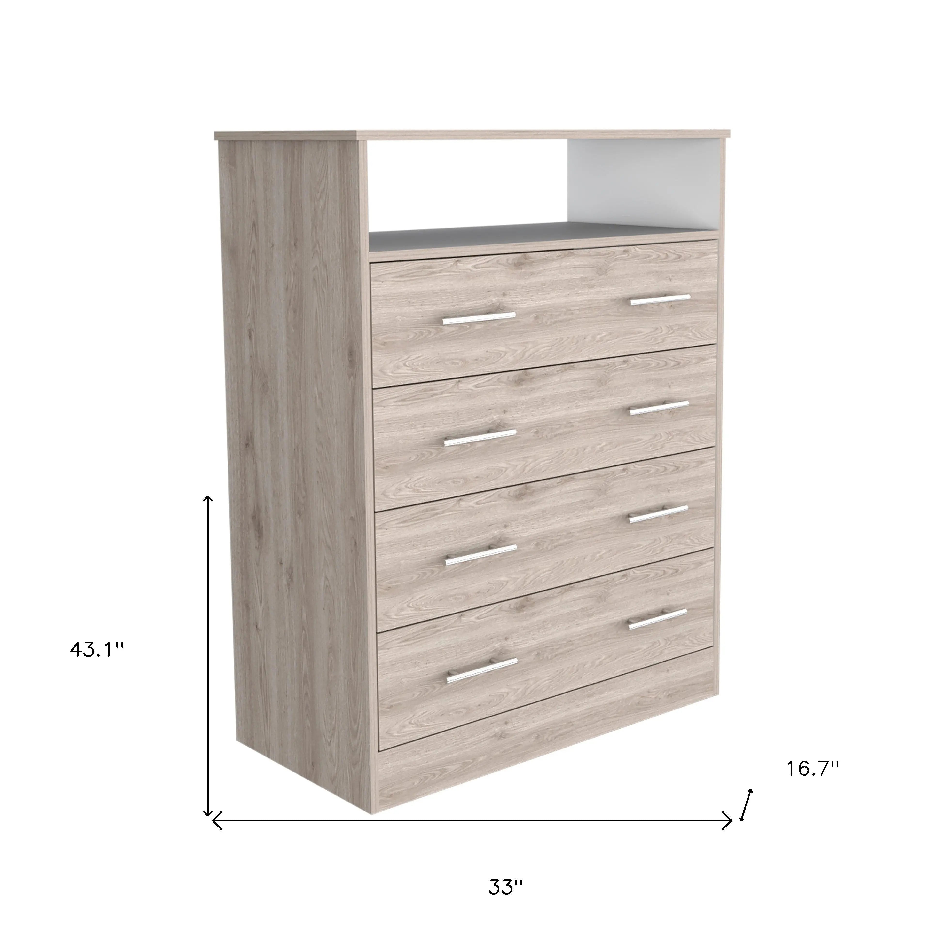 33" Light Gray Four Drawer Standard Chest With Open Shelf Homeroots Bed & Bath