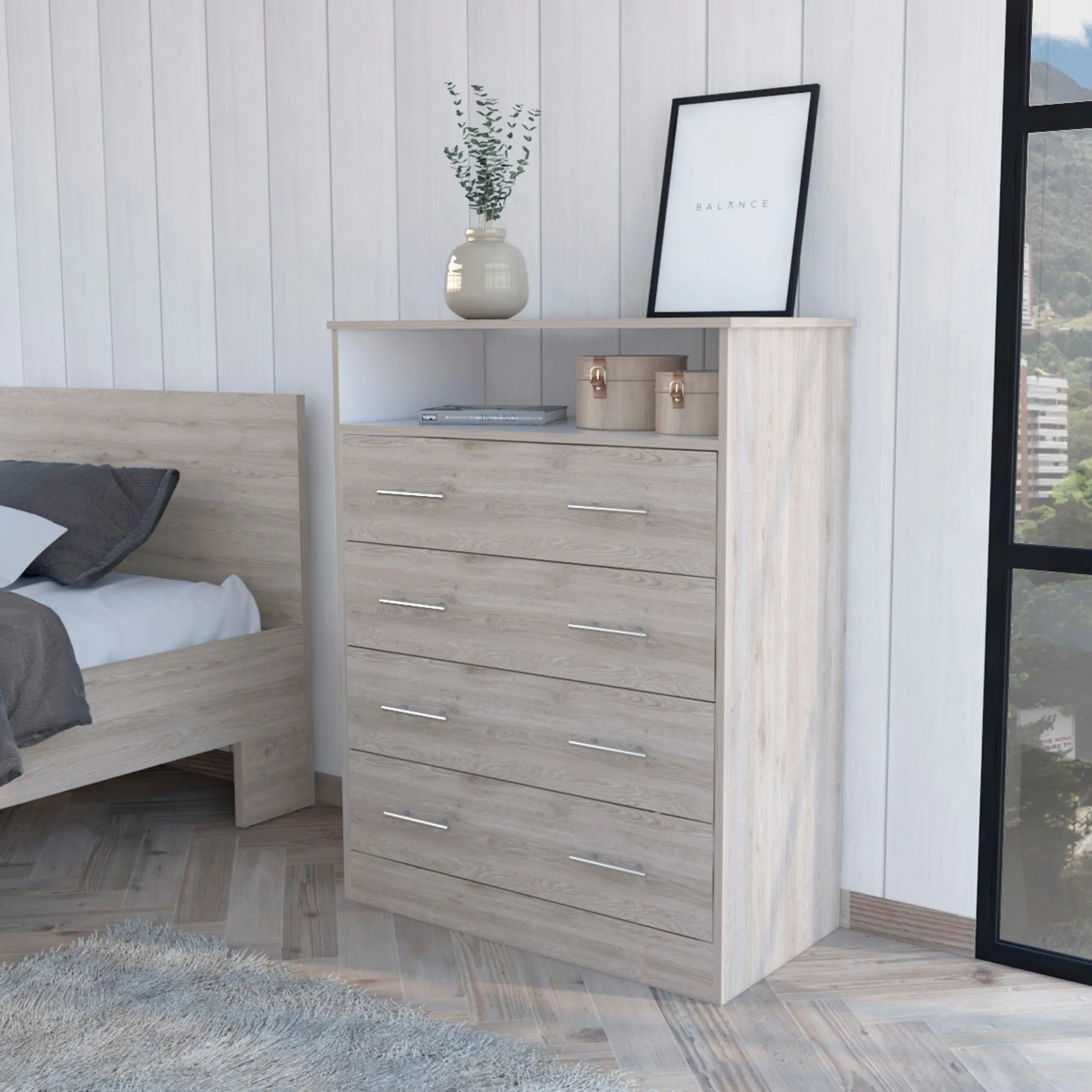 33" Light Gray Four Drawer Standard Chest With Open Shelf Homeroots Bed & Bath