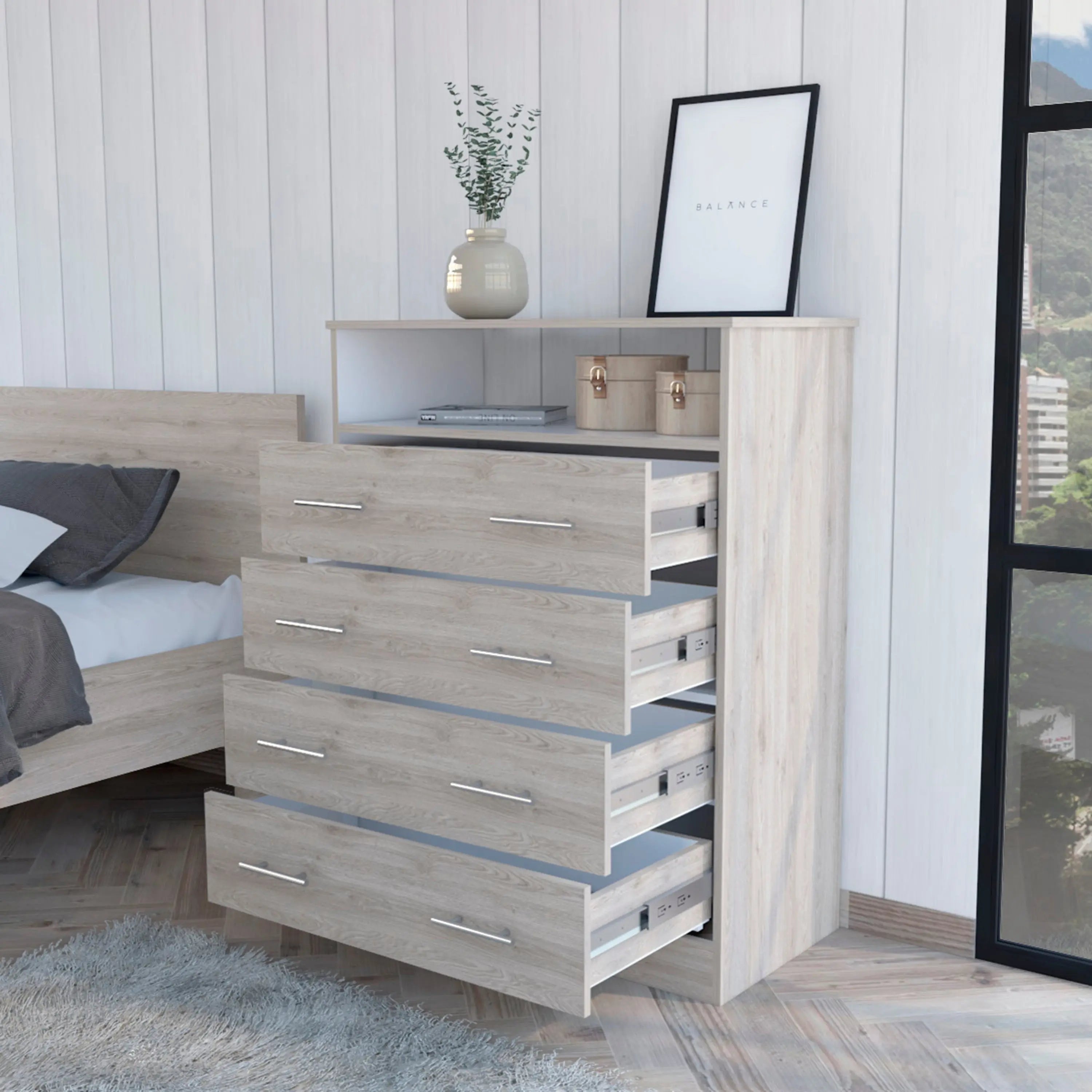 33" Light Gray Four Drawer Standard Chest With Open Shelf Homeroots Bed & Bath
